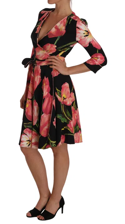 Dolce & Gabbana Black Pink Tulip Print Stretch Shift Dress In Black