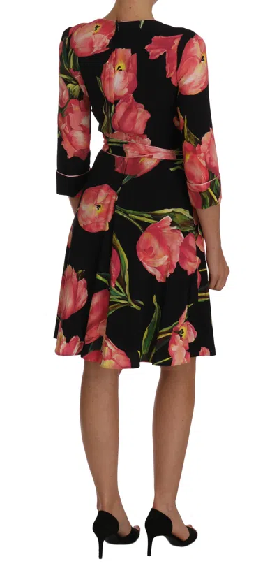 Dolce & Gabbana Black Pink Tulip Print Stretch Shift Dress In Black