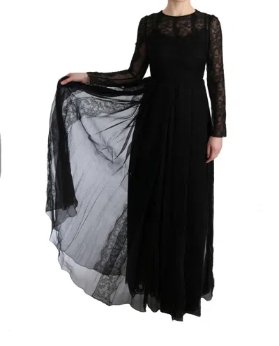 Dolce & Gabbana Black Floral Lace Sheath Silk Dress In Black
