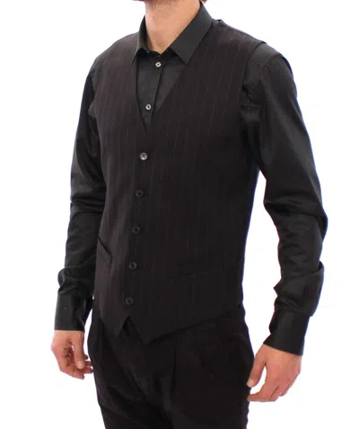 Dolce & Gabbana Elegant Gray Striped Wool Dress Men's Vest In Black