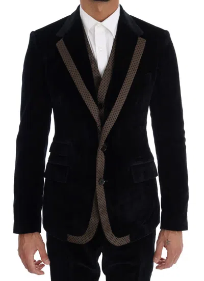 Dolce & Gabbana Blue Velvet Two Button Slim 3 Piece Suit In Blue
