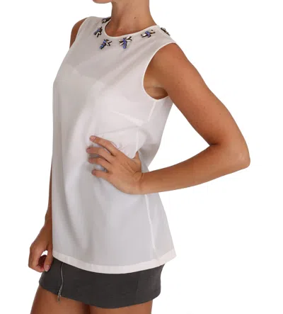 Dolce & Gabbana White Silk Crystal Embellished Fly T-shirt In White