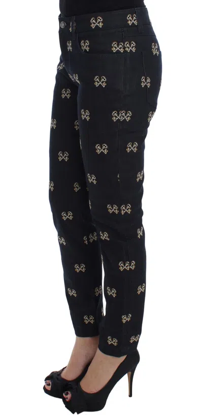 Dolce & Gabbana Blue Key Embroidered Slim Fit Kate Jeans In Blue