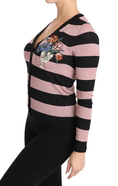Dolce & Gabbana Embroidered Striped Cashmere Cardigan In Pink