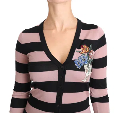 Dolce & Gabbana Embroidered Striped Cashmere Cardigan In Pink