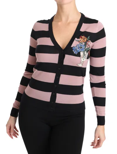 Dolce & Gabbana Embroidered Striped Cashmere Cardigan In Pink