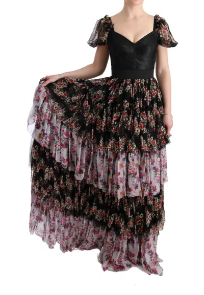 Dolce & Gabbana Multicolor Silk Stretch Floral Shift Long Dress In Multicolor