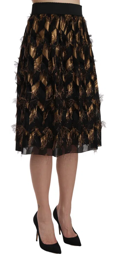 Dolce & Gabbana Black Gold Fringe Metallic Pencil A-line Skirt In Gold Black