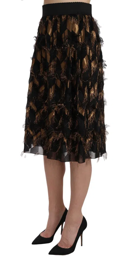 Dolce & Gabbana Black Gold Fringe Metallic Pencil A-line Skirt In Gold Black
