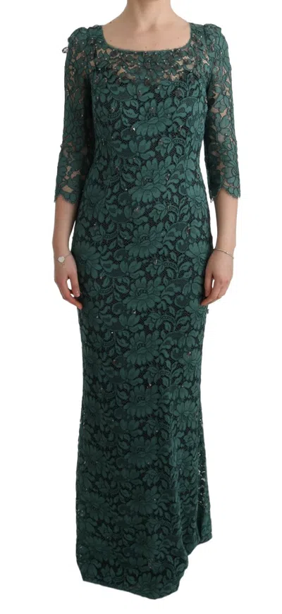 Dolce & Gabbana Green Floral Crystal Ricamo Sheath Dress In Green