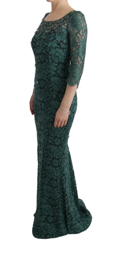 Dolce & Gabbana Green Floral Crystal Ricamo Sheath Dress In Green