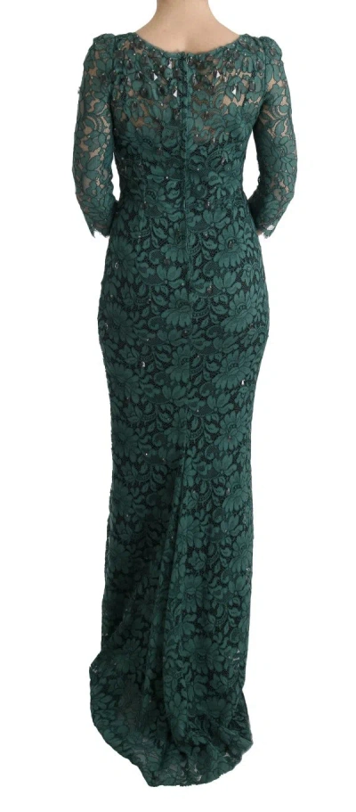 Dolce & Gabbana Green Floral Crystal Ricamo Sheath Dress In Green
