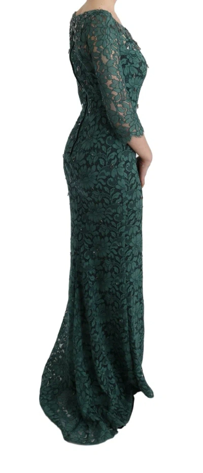 Dolce & Gabbana Green Floral Crystal Ricamo Sheath Dress In Green