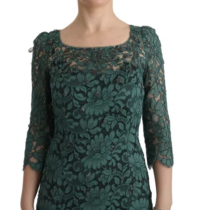 Dolce & Gabbana Green Floral Crystal Ricamo Sheath Dress In Green