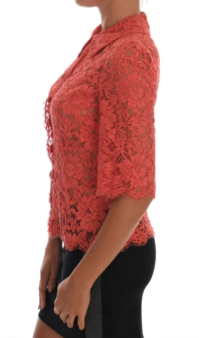 Dolce & Gabbana Orange Crystal Buttons Floral Lace Blouse In Orange