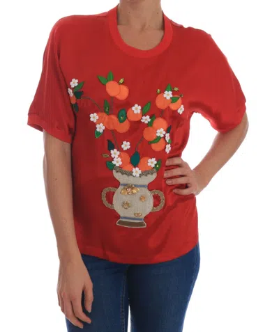 Dolce & Gabbana Red Silk Oranges Floral Crystal Blouse In Red