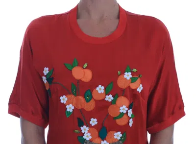 Dolce & Gabbana Red Silk Oranges Floral Crystal Blouse In Red