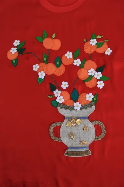Dolce & Gabbana Red Silk Oranges Floral Crystal Blouse In Red