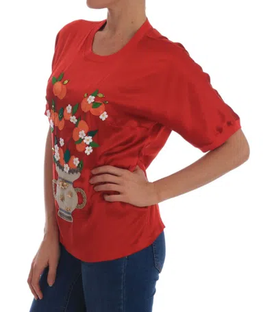 Dolce & Gabbana Red Silk Oranges Floral Crystal Blouse In Red