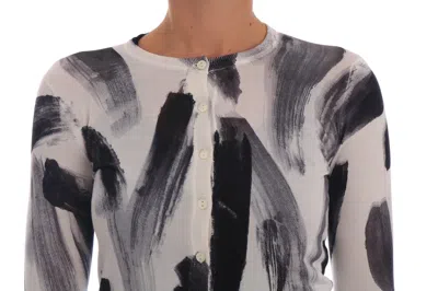 Dolce & Gabbana Cardigan Lightweight Silk Paint Stroke Sweater In Black/white