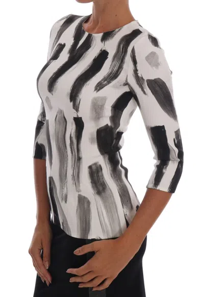 Dolce & Gabbana White Black Striped Printed Blouse Top In Black/white