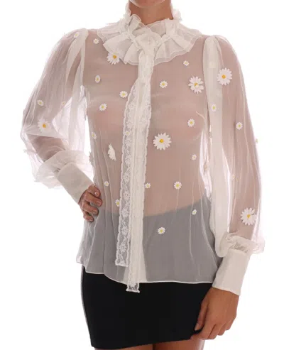 Dolce & Gabbana White Daisy Applique Silk Shirt In White
