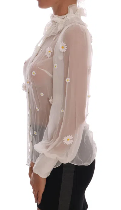 Dolce & Gabbana White Daisy Applique Silk Shirt In White