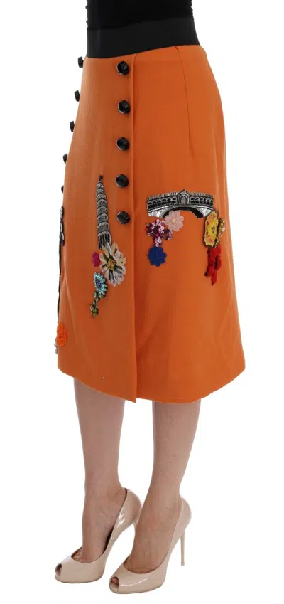 Dolce & Gabbana Orange Wool Crystal Sequin Appliques Skirt In Orange