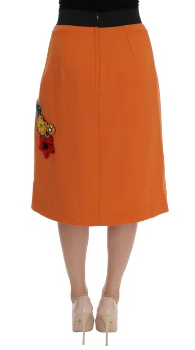 Dolce & Gabbana Orange Wool Crystal Sequin Appliques Skirt In Orange