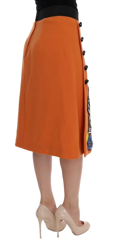 Dolce & Gabbana Orange Wool Crystal Sequin Appliques Skirt In Orange