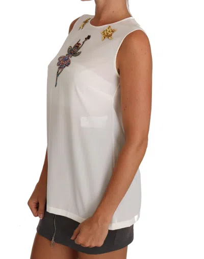 Dolce & Gabbana White Silk Embellished Crystal Sequin Fairy Top In White