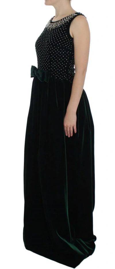 Dolce & Gabbana Green Velvet Crystal Long Maxi Dress In Blue
