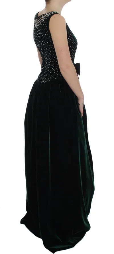Dolce & Gabbana Green Velvet Crystal Long Maxi Dress In Blue