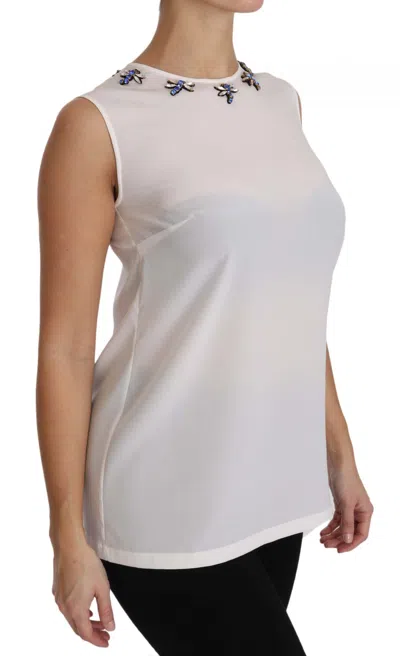 Dolce & Gabbana White Silk Crystal Embellished Fly T-shirt In White