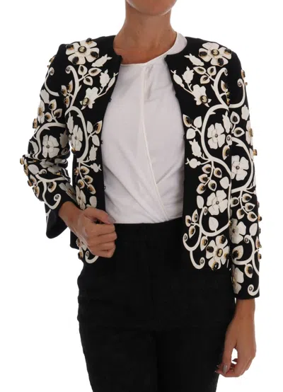 Dolce & Gabbana Black Baroque Floral Crystal Jacket In Black/white