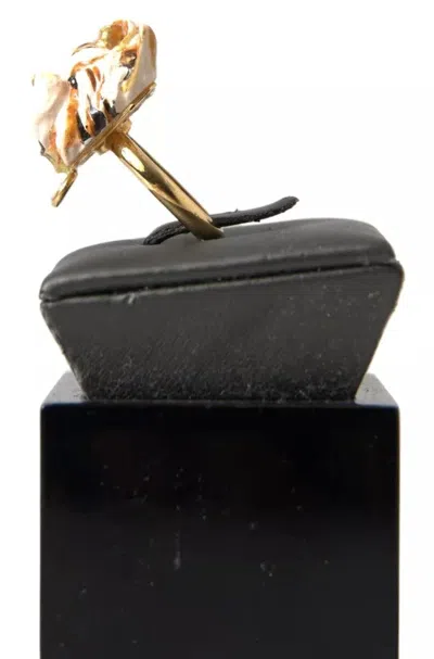 Pre-owned Dolce & Gabbana Gold Brass Resin Beige Dog Pet Accessory Women's Ring ()