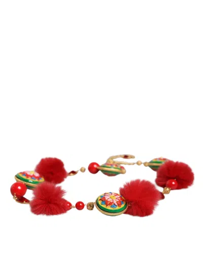 Dolce & Gabbana Gold Brass Red Fur Crystal Waist Torero Belt In Multicolor