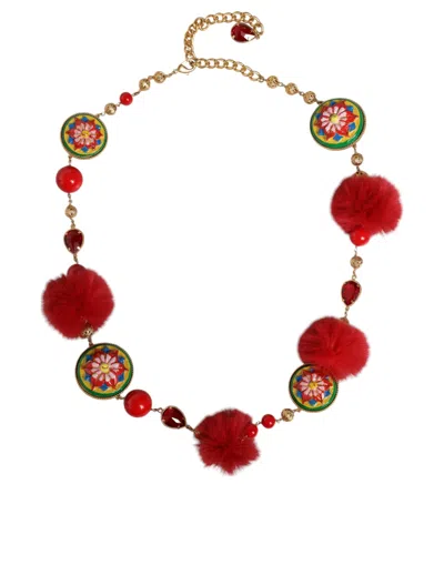 Dolce & Gabbana Gold Brass Red Fur Crystal Waist Torero Belt In Multicolor