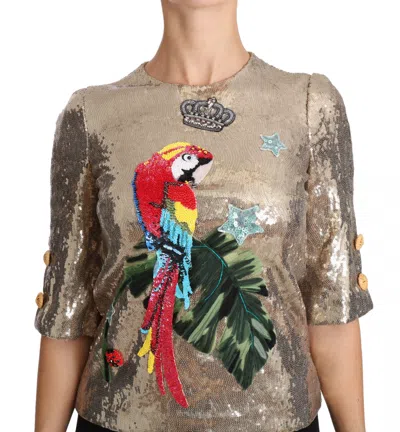 Dolce & Gabbana Gold Sequined Parrot Crystal Blouse In Gold