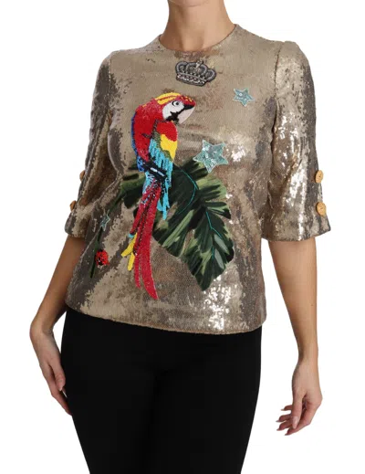 DOLCE & GABBANA DOLCE & GABBANA GOLD PARROT MOTIF CREWNECK BLOUSE WITH WOMEN'S CRYSTALS 