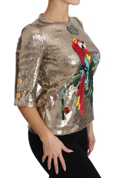 Dolce & Gabbana Gold Sequined Parrot Crystal Blouse In Gold