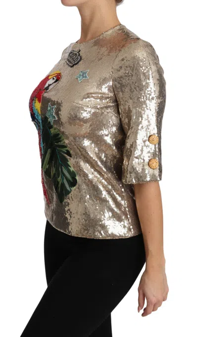 Dolce & Gabbana Gold Sequined Parrot Crystal Blouse In Gold