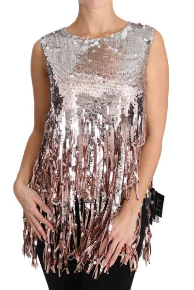 Dolce & Gabbana Golden Pink Sequined Fringe Tank Top In Gold And Pink
