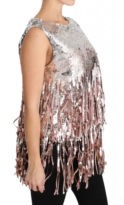 Dolce & Gabbana Golden Pink Sequined Fringe Tank Top In Gold And Pink