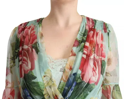 Pre-owned Dolce & Gabbana Green Floral Long Sleeve V-neck Midi Women's Dress ()