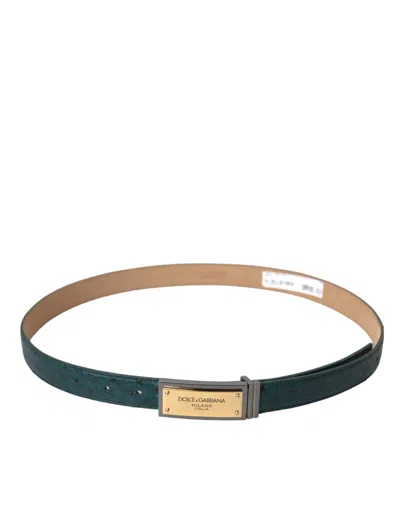 Dolce & Gabbana Green Leather Gold Logo Engraved Buckle Belt In Green