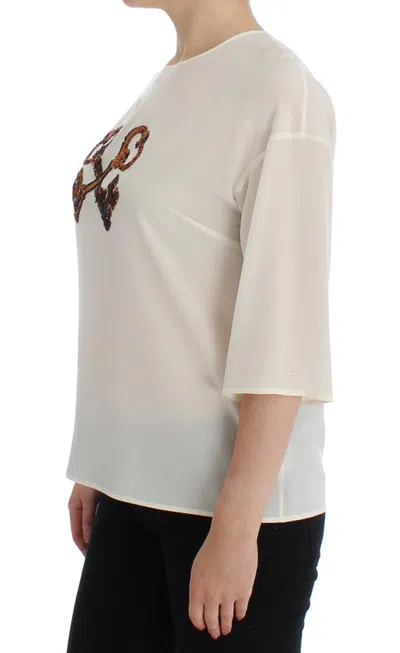 Dolce & Gabbana White Sequined Key Silk Blouse T-shirt Top In White