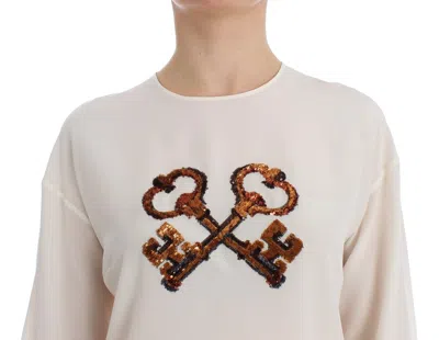 Dolce & Gabbana White Sequined Key Silk Blouse T-shirt Top In White
