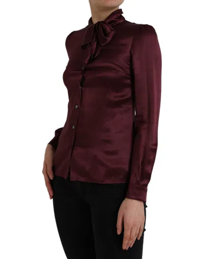 Dolce & Gabbana Maroon Ascot Collar Long Sleeve Top Blouse In Maroon