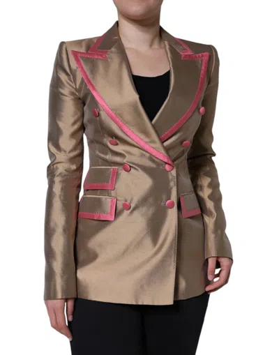 Shop Dolce & Gabbana Metallic Brown Double Breasted Blazer Women's Jacket
